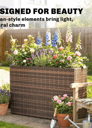 Tall Rectangular Planter with Removable Liner, Holes, PE Wicker Large Planter Box for Indoor Outdoor Plants, Brown