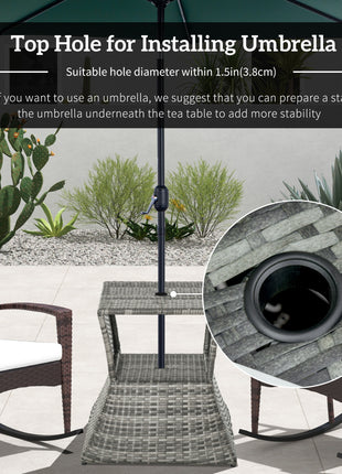 Outdoor Side Table with Umbrella Hole, 2 Tier Rattan Wicker End Table with Storage Shelf, All Weather for Patio, Garden, Backyard, Mixed Gray