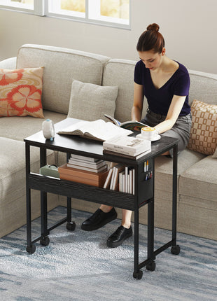Folding Computer Desk, Foldable Desk with Storage Bag, Shelf and Wheels for Small Spaces, Home Office, Black