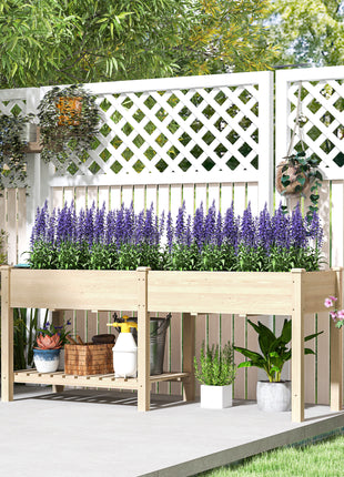 Wood Raised Garden Box, Elevated Garden Bed with Side Table, Bottom Shelf, Bed Liners and Drainage Holes, Natural