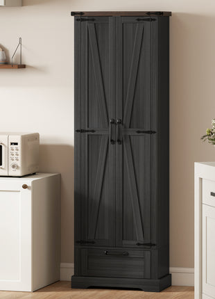 71" Pantry Cabinet, Kitchen Storage Cabinet with Adjustable Shelves, Barn Doors and Drawer for Dining Room, Black