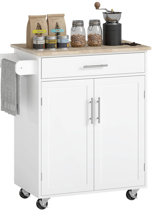 Kitchen Island Cart, Rolling Island Table with Solid Wood Top, Trolley Cart with Drawer, Storage Cabinet & Towel Rack, White