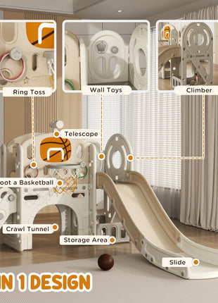 7-in-1 Toddler Slide, Kids Slide for Ages 1-6 Years w/ Ring Toss, Basketball Hoop, Telescope Climber, Storage Space