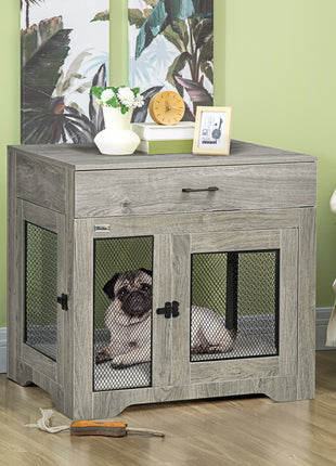 Dog Crate Furniture with Soft Water-Resistant Cushion, Drawer, for Small Dogs, Grey