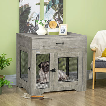 Dog Crate Furniture with Soft Water-Resistant Cushion, Drawer, for Small Dogs, Grey