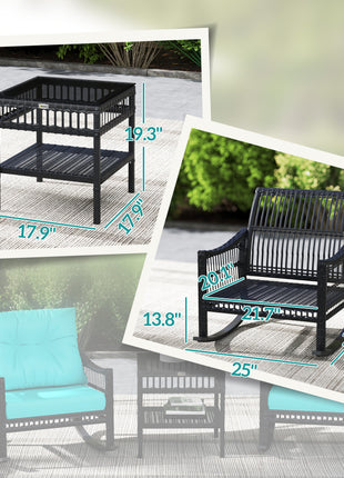 3 Piece Outdoor PE Rattan Rocker Chair Set, Rocking Chair with Tempered Glass Table Top, Turquoise Green