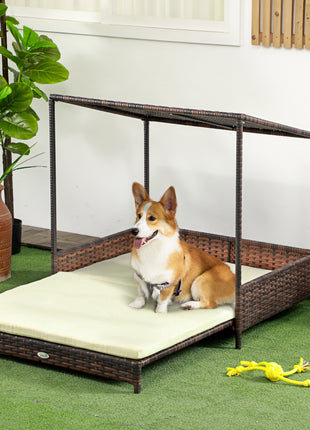 Outdoor Dog Bed, Extendable Wicker Dog Bed with Roof, Soft Cushion for Small and Medium Dogs, Mixed-Brown