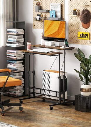 Adjustable Standing Desk with Power Outlets, Stand Up Desk with Tiltable Tabletop, Wheels, Shelf, for Home Office, Brown