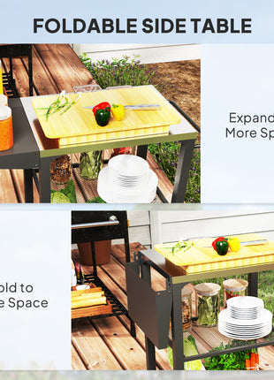 Three-Shelf Outdoor Grill Cart Table with Foldable Side Table, Stainless Steel Top Pizza Oven Stand with Hooks, Silver