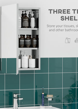 Wall Mounted Bathroom Medicine Cabinet Mirrored Cabinet with Hinged Door 3-Tier Storage Shelves Silver