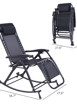 Outdoor Rocking Chairs, Foldable Reclining Zero Gravity Lounge Rocker with Pillow, Cup & Phone Holder, Combo Design with Folding Legs, Black