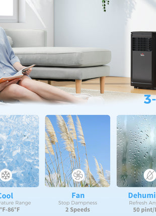 8,000 BTU Portable Air Conditioner Fan w/ Remote for Rooms Up to 344 Sq. Ft., Evaporative Cooler AC Unit Black