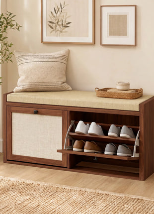 Shoe Storage Bench with Padded Seat, Shoe Storage Bench Rattan Doors for Entryway, Brown
