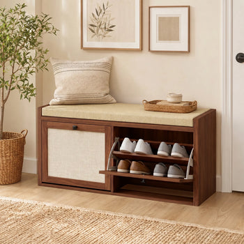 Shoe Storage Bench with Padded Seat, Shoe Storage Bench Rattan Doors for Entryway, Brown