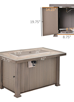Propane Fire Pit Table, 30,000 BTU 42" Wicker-Effect Gas Fire Table, Auto-Ignition Rectangular Outdoor Firepit with Lid, Ceramic Tabletop, Lava Rocks and Rain Cover, CSA Certification, Gray