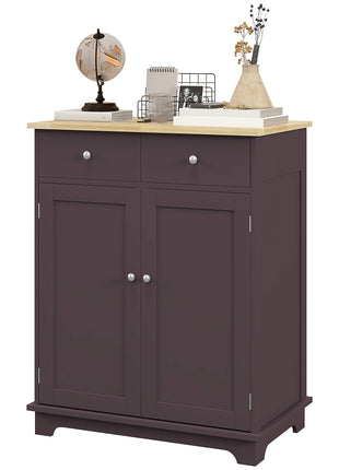 Kitchen Storage Cabinet, Sideboard Floor Cupboard with Solid Wood Top, Adjustable Shelf, and 2 Drawers, Coffee