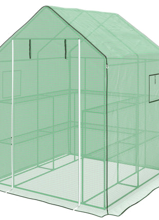 4.6' x 4.7' Portable Greenhouse, Water/UV Resistant Walk-In Small Outdoor Green House with 2 Tier U-Shaped Flower Rack Shelves, Roll Up Door & Windows, Green