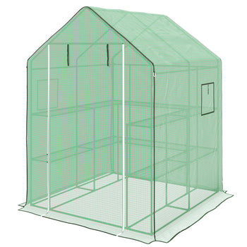 4.6' x 4.7' Portable Greenhouse, Water/UV Resistant Walk-In Small Outdoor Green House with 2 Tier U-Shaped Flower Rack Shelves, Roll Up Door & Windows, Green