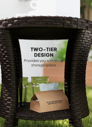 18" Wicker Outdoor Coffee Table, PE Rattan Patio Side Table with 2-Tier Storage, Composite Wood Top, Mixed Brown