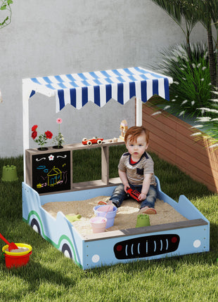 Kids Wooden Sandbox with Canopy with Bench Seats, Bottom Liner, Drawing Board, Planting Boxes for Backyard, Garden, Blue