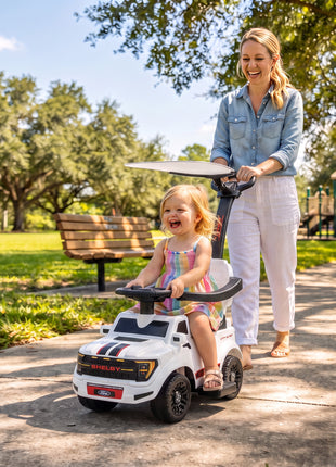 3-in-1 Push Car for 1-3, Licensed FORD Shelby Sliding Walking Car with Parent Handle, Canopy, Guardrail, Storage, White