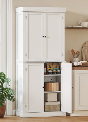 72" Kitchen Cabinet, Pantry Storage Cabinet with Doors and Shelves, Freestanding Food Pantry Cabinet, White Wood Grain