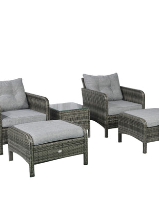 5 Pieces Rattan Wicker Lounge Chair Outdoor Patio Conversation Set with 2 Cushioned Chairs, 2 Ottomans and Tempered Glass Top Coffee Table, Gray/Light Gray