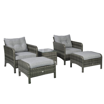 5 Pieces Rattan Wicker Lounge Chair Outdoor Patio Conversation Set with 2 Cushioned Chairs, 2 Ottomans and Tempered Glass Top Coffee Table, Gray/Light Gray