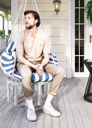 Hammock Swing Chair, Macrame Hanging Chair with Large Cushion, Chain, Steel Frame for Indoor Outdoor Use, Blue and White