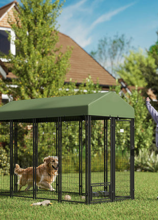 Outdoor Dog Kennel with Rotating Bowl Holders, Pet Playpen with Waterproof Cover, 8' x 4' x 6', Green