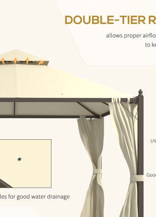 10' x 12' Outdoor Patio Gazebo with Curtains, Two-Tier Roof, Beige