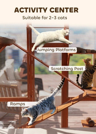 Outdoor Catio Cat Enclosure, Large Wooden Cat House with 6 Jumping Platforms, Scratching Post, 2 Ramps, for 2-3 Kittens