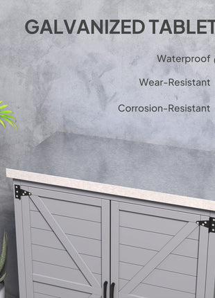 Wooden Storage Cabinet, Outdoor Prep Table with Metal Tabletop, Shelves and Double Doors for Patio, Garden, Gray