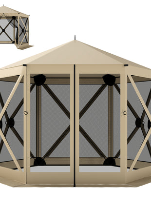 10 x 11 ft Pop Up Gazebo Screen Tent, Portable Instant Camping Canopy Screen House with Nettings, Carry Bag, Beige