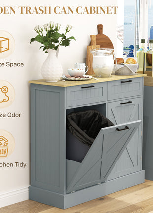 10 Gallon Farmhouse Kitchen Cabinet with Hidden Trash Can and 2 Drawers, Tilt Out Trash Can Cabinet for Kitchen, Gray