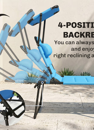 Outdoor Lounge Chair, 4 Position Adjustable Backrest, Folding, Cushioned w/ Sun Shade Roof & Pillow, Blue