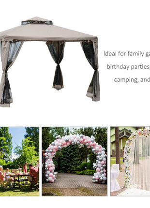 10' x 10' Gazebo Tent, Double Roof Outdoor Canopy Shelter, with Netting Fabric and Vented Roof, Steel Corner Frame for Garden, Lawn, Backyard, Taupe