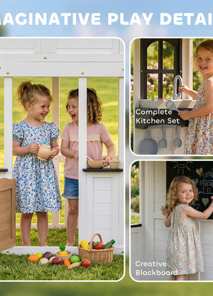 Two-Story Outdoor Playhouse, Wooden Kids Playhouse with Slide, Table & Bench, Play Kitchen, Ladder, Blackboard, White