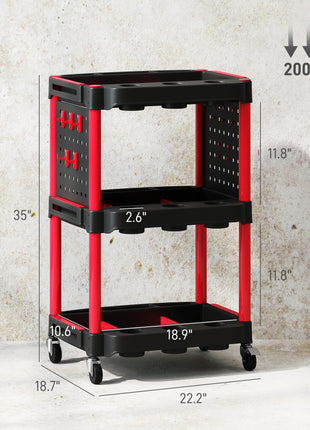 3-Tier Rolling Tool Cart, 200 LBS Capacity Plastic Utility Cart with Side Shelves for Garage, Workshop, Black and Red