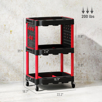 3-Tier Rolling Tool Cart, 200 LBS Capacity Plastic Utility Cart with Side Shelves for Garage Workshop, Black and Red