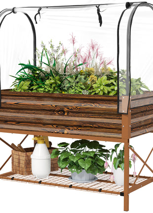 Raised Garden Bed with Legs and Cover, Metal Elevated Planter Box with Bottom Shelf and Liner for Vegetables, Brown