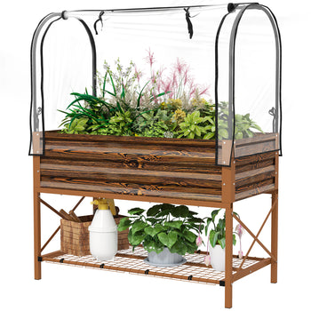 Raised Garden Bed with Legs and Cover, Metal Elevated Planter Box with Bottom Shelf and Liner for Vegetables, Brown
