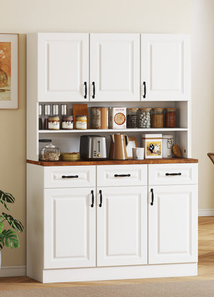 71" Kitchen Pantry Cabinet, Freestanding Farmhouse Storage Cabinet with Wide 2-Tier Microwave Stand Countertop, 3 Drawers, 6 Soft Closing Doors, and Adjustable Shelves, Cable Management, White