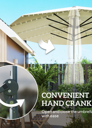 15ft Double-Sided Outdoor Umbrella with Solar Lights, UPF50+ Extra Large Aluminum Patio Umbrella with Crank, Cream White