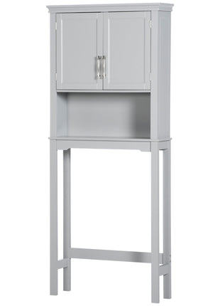 Modern Over The Toilet Storage Cabinet, Double Door Bathroom Organizer with Inner Adjustable Shelf and Open Shelf, Gray
