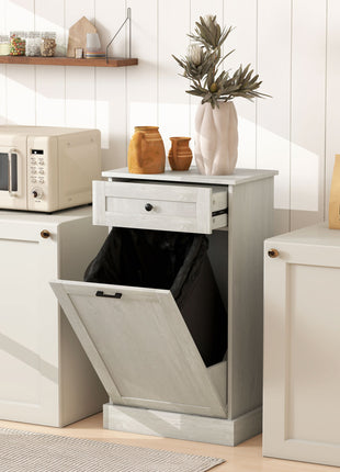 Kitchen Tilt Out Trash Bin Cabinet Free Standing Storage Cabinet with Drawer, Light Gray