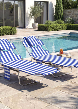 2 Tanning Chairs with Face Hole, 5-Level Adjustable Outdoor Chaise Lounge Chair with Pillow for Beach, Pool, Blue Stripe