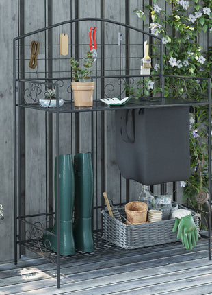 Folding Potting Bench Table, Metal Garden Workstation, Work Bench with Large Build-In Bag with Cover, 5 Hanging Hooks & Storage Shelf, Flourishes