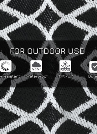 Reversible Outdoor Rug Carpet RV Camping Rugs with Carry Bag, 9' x 18', Black & White Clover