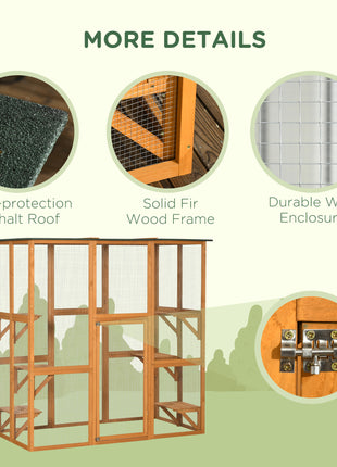 Outdoor Cat House Big Catio Wooden Feral Cat Shelter Enclosure with Large Spacious Interior, 6 High Ledges, Weather Protection Asphalt Roof, 71" L, Orange